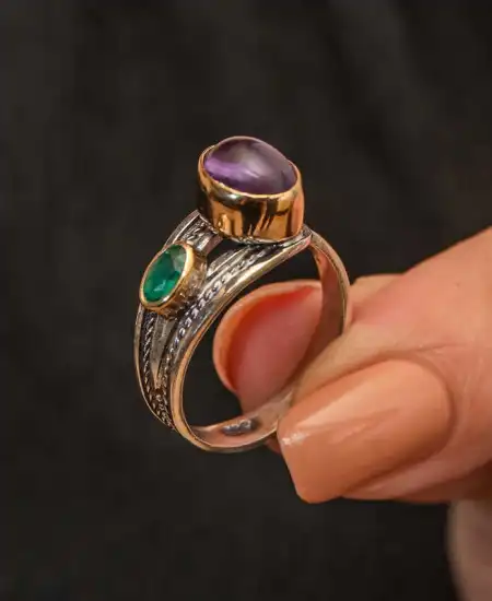 Gümüş Ametist Taşlı Zümrüt Otantik Ayarlanabilir Kadın Yüzük