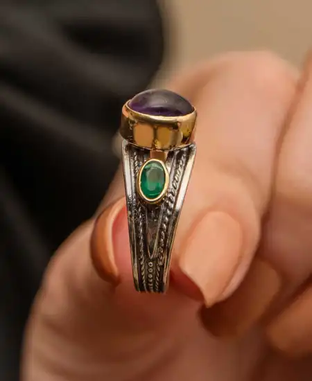 Gümüş Ametist Taşlı Zümrüt Otantik Ayarlanabilir Kadın Yüzük