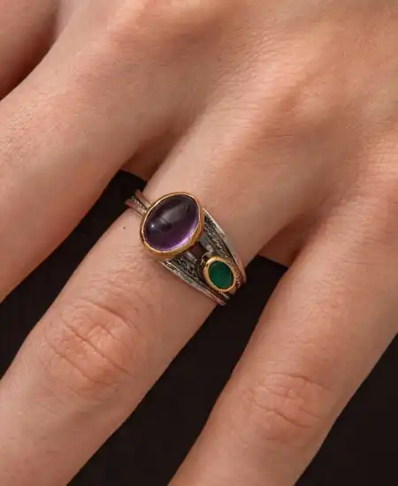 Gümüş Ametist Taşlı Zümrüt Otantik Ayarlanabilir Kadın Yüzük