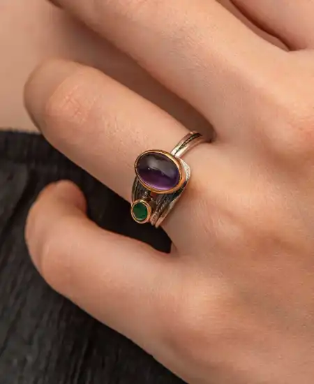 Gümüş Ametist Taşlı Zümrüt Otantik Ayarlanabilir Kadın Yüzük