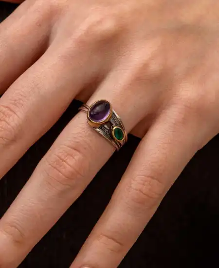 Gümüş Ametist Taşlı Zümrüt Otantik Ayarlanabilir Kadın Yüzük