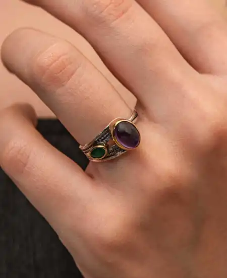 Gümüş Ametist Taşlı Zümrüt Otantik Ayarlanabilir Kadın Yüzük