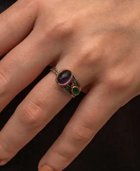 Gümüş Ametist Taşlı Zümrüt Otantik Ayarlanabilir Kadın Yüzük