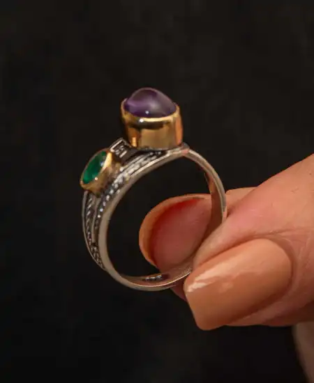 Gümüş Ametist Taşlı Zümrüt Otantik Ayarlanabilir Kadın Yüzük