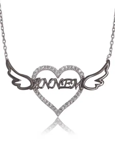 Gümüş Annem Yazılı Kalp Bayan Kolye