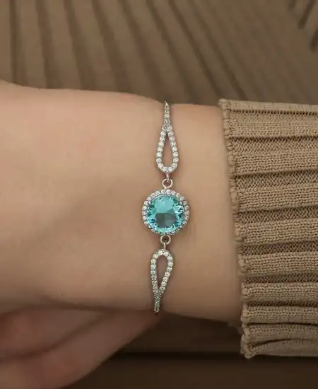 Gümüş Aquamarine Bayan Bileklik