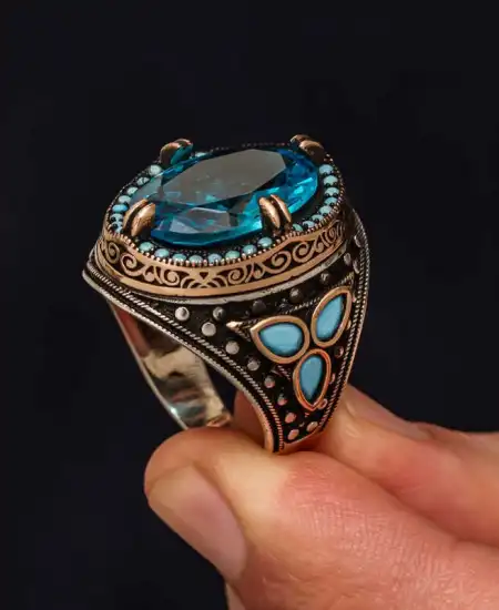 Gümüş Aquamarine Taşlı Erkek Yüzük