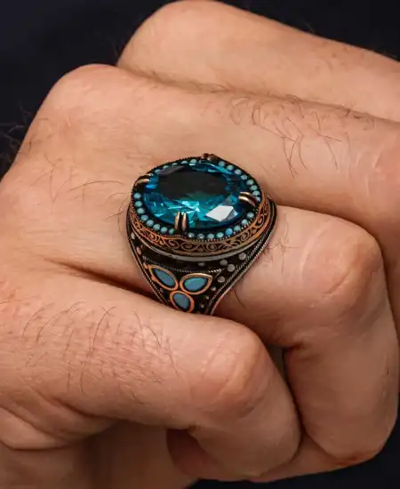 Gümüş Aquamarine Taşlı Erkek Yüzük