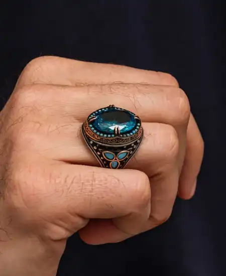 Gümüş Aquamarine Taşlı Erkek Yüzük