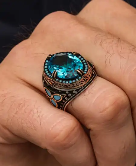 Gümüş Aquamarine Taşlı Erkek Yüzük