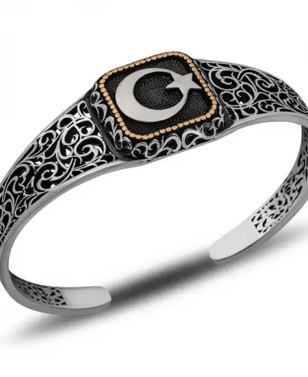 Gümüş Ay Yıldız Ayarlanabilir Kelepçe Erkek Bileklik