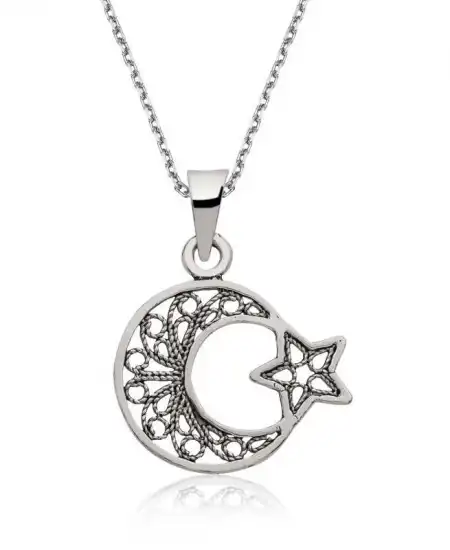 Gümüş Ay Yıldız Bayan Kolye