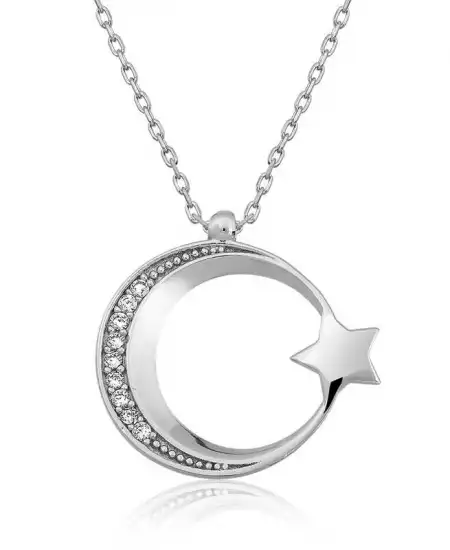 Gümüş Ay Yıldız Bayan Kolye