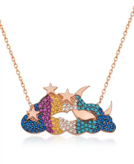 Gümüş Ay Yıldız Bulut Bayan Kolye