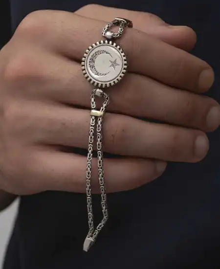 Gümüş Ay Yıldız Erkek Bileklik