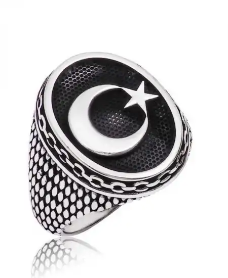 Gümüş Ay Yıldız Erkek Yüzük