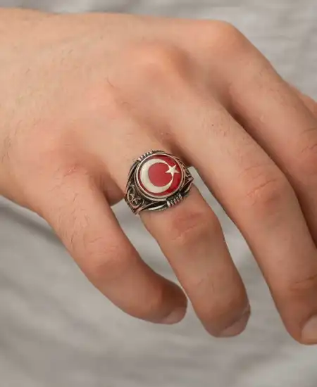 Gümüş Ay Yıldız Erkek Yüzük