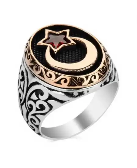 Gümüş Ay Yıldız Erkek Yüzük