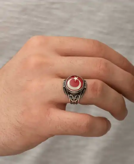 Gümüş Ay Yıldız Erkek Yüzük