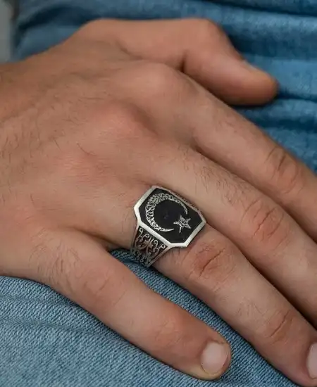 Gümüş Ay Yıldız Erkek Yüzük