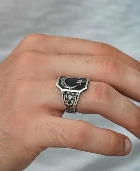 Gümüş Ay Yıldız Erkek Yüzük