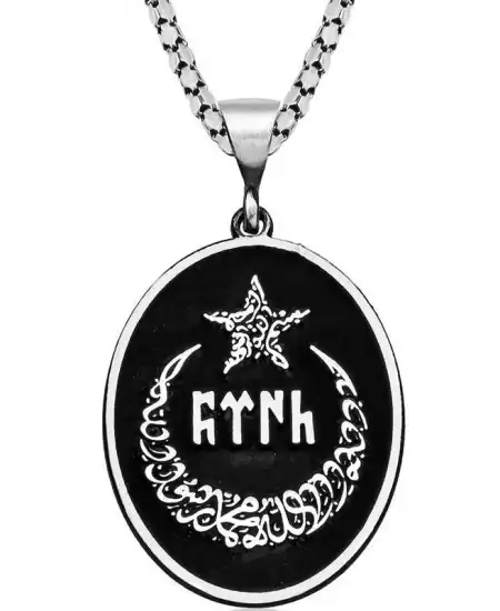 Gümüş Ay Yıldız İçerisi Göktürkçe Türk Yazılı Kolye