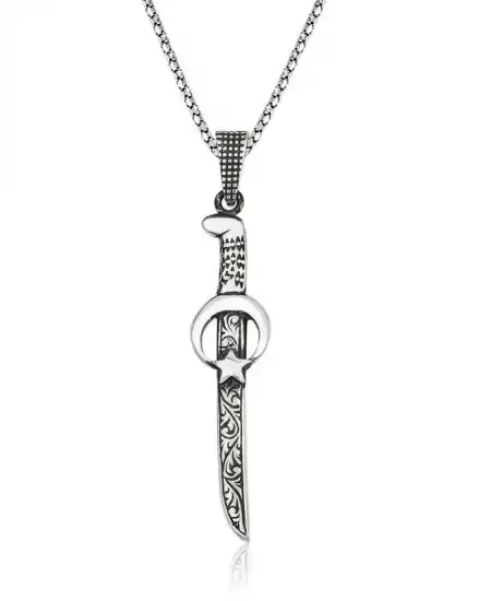 Gümüş Ay Yıldız Kılıç Erkek Kolye