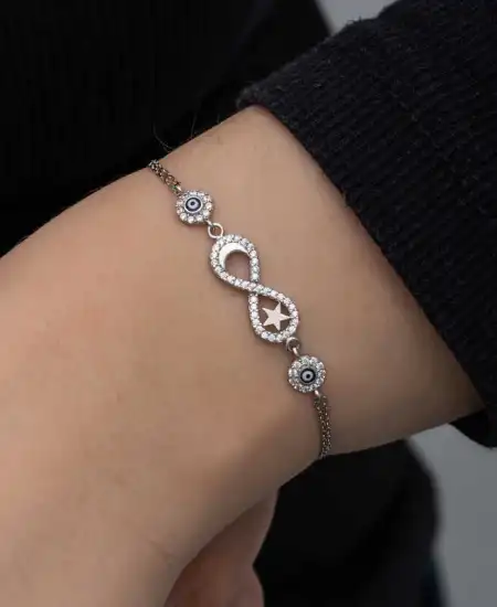 Gümüş Ay Yıldız Nazarlı Sonsuzluk Kadın Bileklik