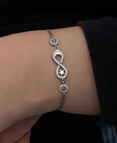 Gümüş Ay Yıldız Nazarlı Sonsuzluk Kadın Bileklik