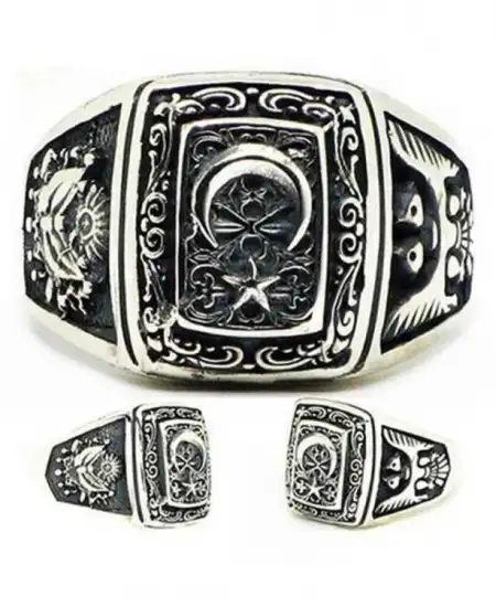 Gümüş Ay Yıldız Osmanlı Arması Kartal Desenli Erkek Yüzük