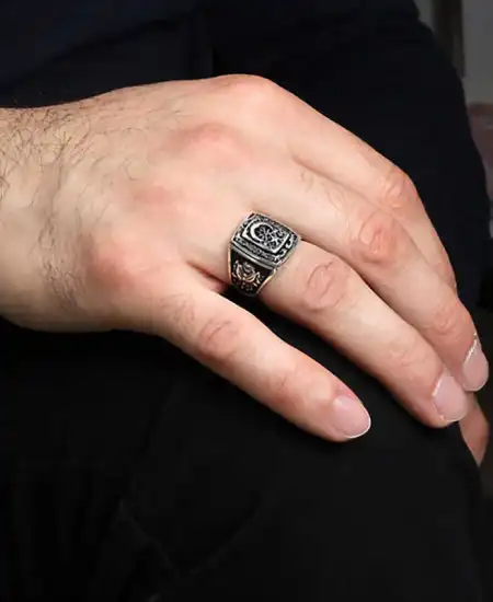 Gümüş Ay Yıldız Osmanlı Arması Kartal Desenli Erkek Yüzük