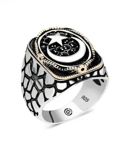 Gümüş Ay Yıldız Oval Erkek Yüzük