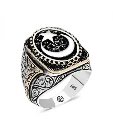 Gümüş Ay Yıldız Oval Erkek Yüzük