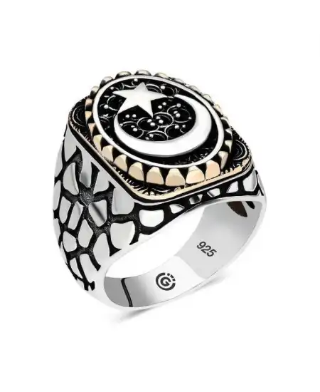 Gümüş Ay Yıldız Oval Erkek Yüzük