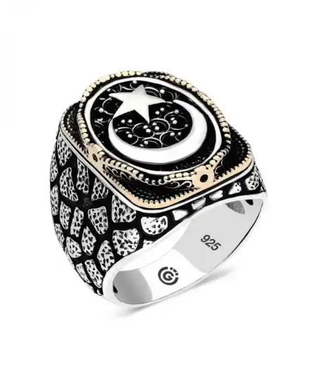 Gümüş Ay Yıldız Oval Erkek Yüzük