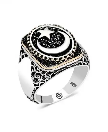 Gümüş Ay Yıldız Oval Erkek Yüzük