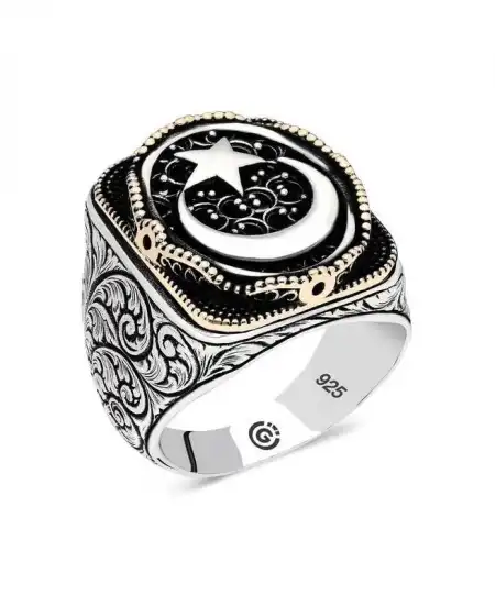 Gümüş Ay Yıldız Oval Erkek Yüzük