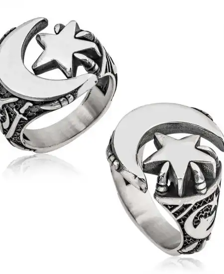 Gümüş Ay Yıldız Pençe Erkek Yüzük