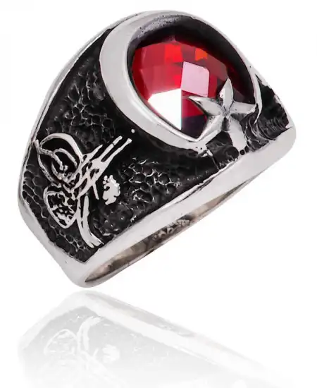 Gümüş Ay Yıldız Tuğra Erkek Yüzük