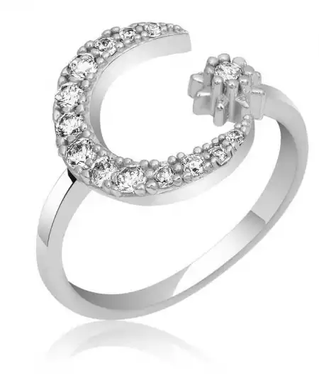 Gümüş Ayarlanabilir Ay Yıldız Kadın Yüzük