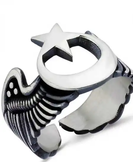 Gümüş Ayarlanabilir Ay Yıldız Kanat Erkek Yüzük