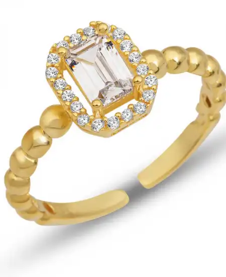 Gümüş Ayarlanabilir Gold Beyaz Baget Taşlı Kadın Yüzük