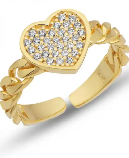 Gümüş Ayarlanabilir Gold Kalpli Kadın Yüzük