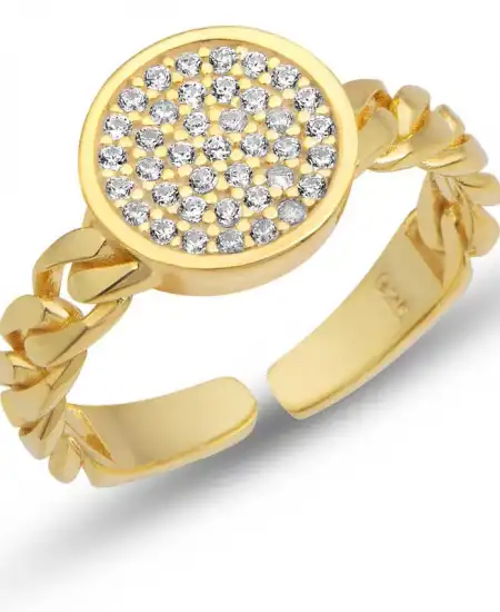 Gümüş Ayarlanabilir Gold Yuvarlak Zirkon Taşlı Kadın Yüzük