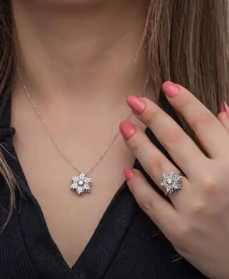 Gümüş Ayarlanabilir Kar Tanesi Dönen Stres Kadın Set