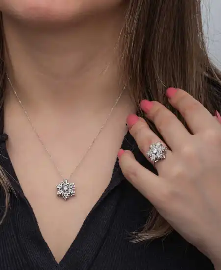 Gümüş Ayarlanabilir Kar Tanesi Dönen Stres Kadın Set