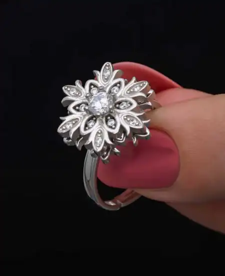 Gümüş Ayarlanabilir Kar Tanesi Dönen Stres Kadın Yüzük