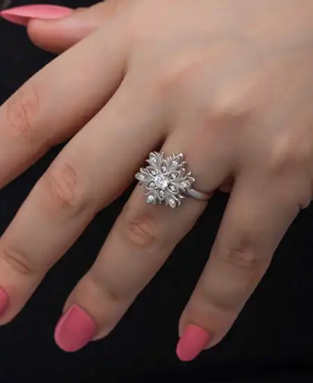 Gümüş Ayarlanabilir Kar Tanesi Dönen Stres Kadın Yüzük