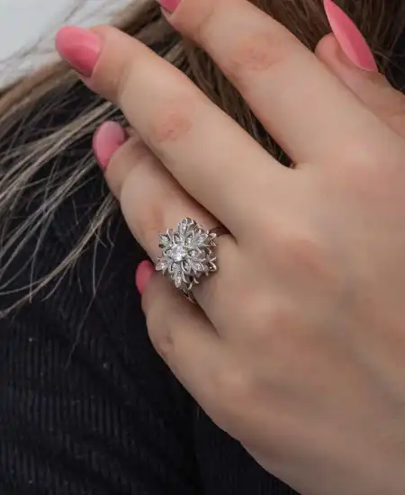 Gümüş Ayarlanabilir Kar Tanesi Dönen Stres Kadın Yüzük