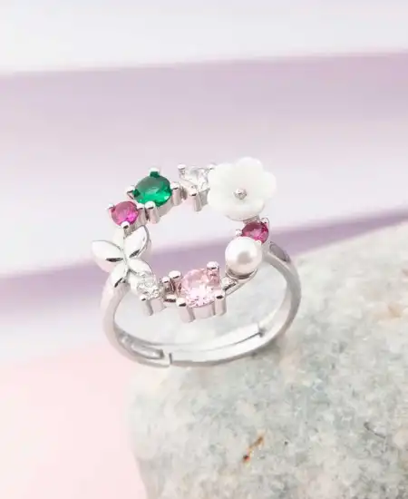 Gümüş Ayarlanabilir Renkli Manolya Çiçeği Kadın Yüzük